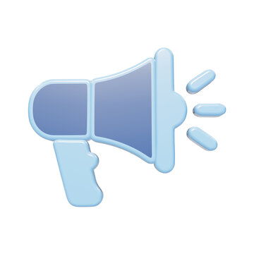 A 3D rendered icon of a blue megaphone, featuring a smooth glossy finish, presented on a clean white background, for digital interface applications isolated on a transparent background