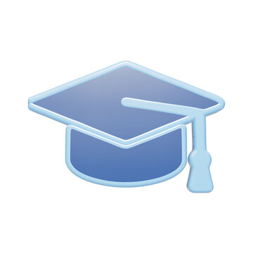 A 3D rendered graduation cap icon with a tassel, featuring a glossy blue finish and light blue outlines, isolated on a white background, for educational themes isolated on a transparent background