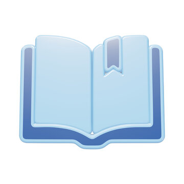 An open book icon with a bookmark, rendered in a 3D style with a glossy blue surface and light blue outlines, isolated on a white background, for education isolated on a transparent background