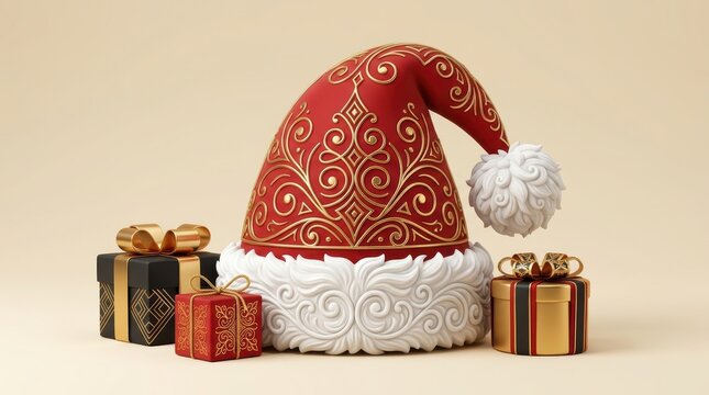 Festive santa hat with intricate golden ornamentation and wrapped gifts on beige background