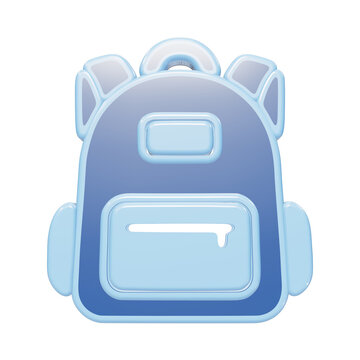 A 3D rendered school backpack icon with a front pocket and straps, featuring a glossy blue finish and light blue outlines, isolated on a white background isolated on a transparent background