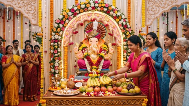 Ganesh Chaturthi Fruit Offering &ndash; Indian Family Worshipping Ganesha.