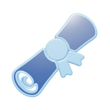 A 3D rendered diploma scroll icon tied with a ribbon, featuring a glossy blue surface and light blue outlines, isolated on a white background, for graduation isolated on a transparent background