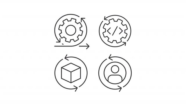 Continuous integration outline animation set. Software engineering approach animated icons. Quantitative data collection from customers. Flat line motion graphics loop on transparent white