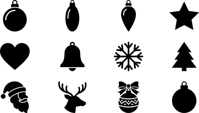 Christmas holiday icons set featuring flat black vector silhouettes of festive ornaments stars snowflakes trees and seasonal winter character symbols