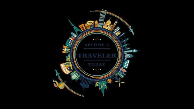 Animated world landmarks circular travel vector illustration with airplane and hot air balloon on black background.