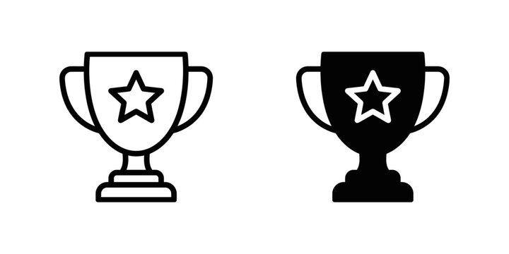 Set of trophy cup icons featuring a star design in both outline and solid black vector styles