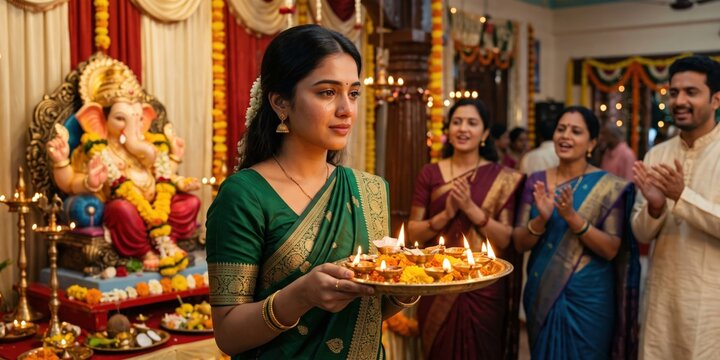 Indian Woman Performing Ganesh Aarti &ndash; Devotional Hindu Festival Portrait.
