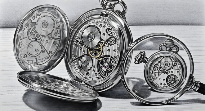 Intricate open pocket watch mechanisms with magnifying glass, illustrating time