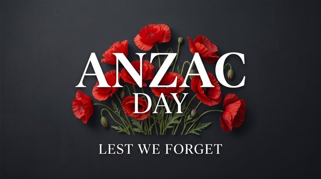 Anzac day remembrance with vibrant red poppies and text lest we forget