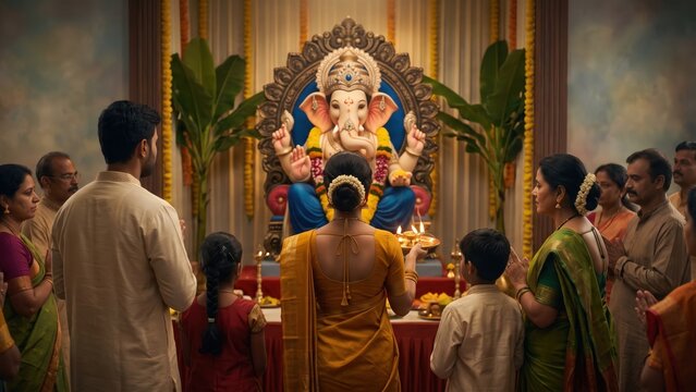 Ganesh Aarti at Community Pandal &ndash; Indian Devotees Worshipping Ganesha.