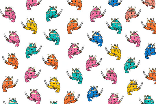  Seamless pattern of cute Japanese pop art samurai shrimp characters
