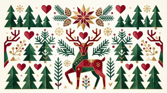 Nordic christmas seamless pattern with deer, pine trees, hearts, and snowflakes in watercolor geometric folk art style, isolated on white background
