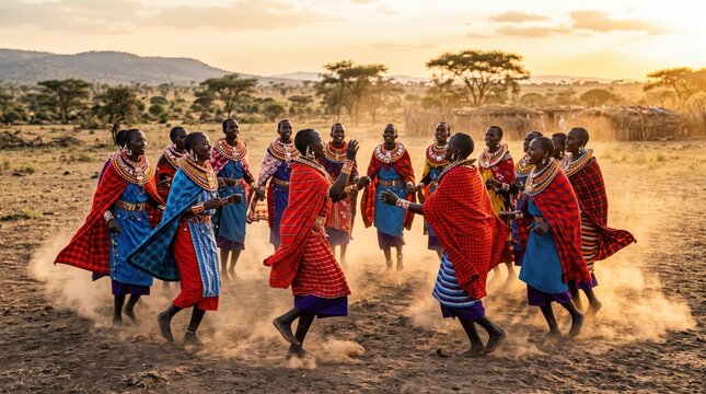 Maasai women performing traditional jumping dance in dusty savanna village at sunset, group circle ceremony, cultural celebration and communal ritual