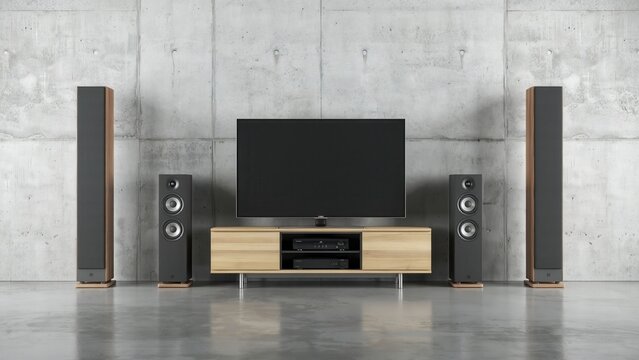 Modern home theater system with large TV and floor standing speakers against concrete wall. Perfect concept for interior design and lifestyle technology advertisements.