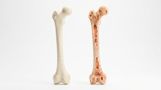 Healthy dense femur bone beside osteoporotic porous bone, showing bone density loss and osteoporosis comparison