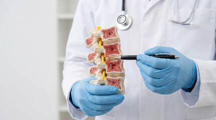 Obraz premium Doctor points pen to lumbar vertebrae and spinal disc model, showing spine anatomy and bone structure in clinic