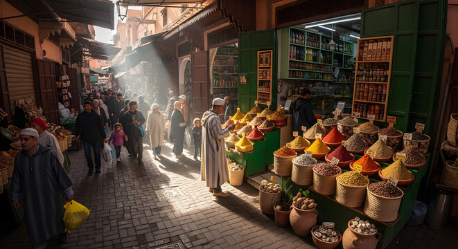 Vibrant moroccan souk: people, colorful spices, sunlight in ancient alley