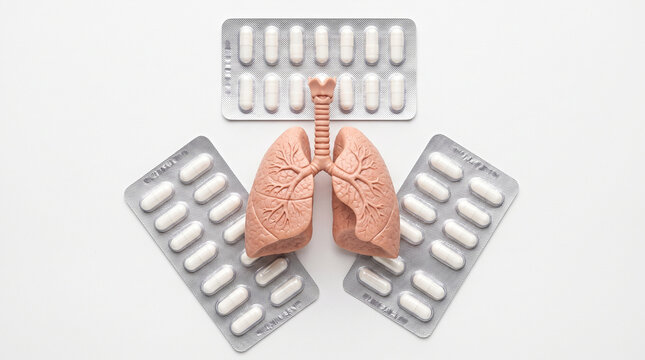 Lung anatomical model with trachea surrounded by capsule blister packs, showing respiratory medication concept