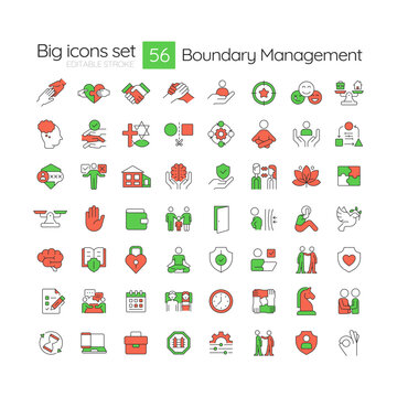 Boundary management line color icons set. Work life balance and mental health wellness. Personal space control. Vector illustrations. Simple flat colorful symbols collection. Editable stroke