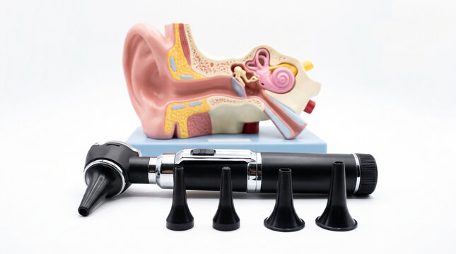 Otoscope tool with ear specula beside anatomical ear model showing inner ear structure for ENT education