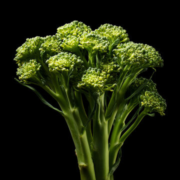 Fresh broccoli sprouting stalk isolated on black background with clipping path, concept of healthy nutrition and organic wellness