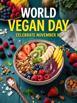 Fruit and granola smoothie bowl with kiwi banana strawberries blueberries raspberries granola nuts and seeds on teal wood table promoting world vegan day breakfast celebration