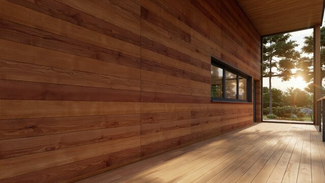 Modern wooden house facade with rustic cedar planks at sunset. Ideal concept for sustainable architecture, exterior design, and luxury outdoor living.