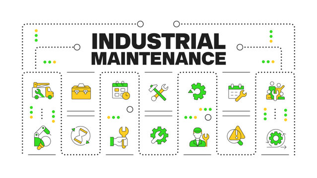 Industrial maintenance word concept isolated on white. Asset reliability management. Optimized machine runtime frameworks. Creative illustration banner surrounded by editable line colorful icons