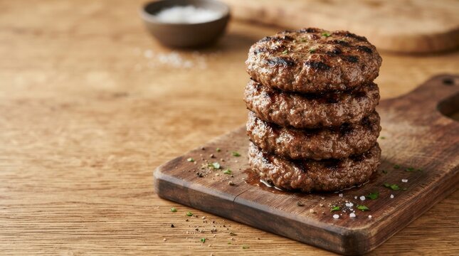 Stack of four juicy grilled beef burger patties on wooden board
