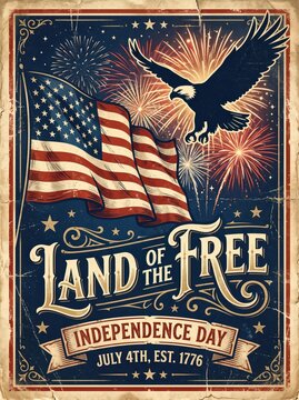 Vintage independence day poster with waving american flag and flying eagle among fireworks, retro typography reading land of the free and july 4th celebration