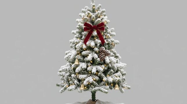Flocked artificial christmas tree decorated with a red velvet bow, pinecones, and gold bells against a grey background