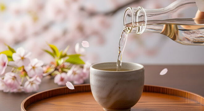 Delicate sake pouring into a ceramic cup with cherry blossoms and petals