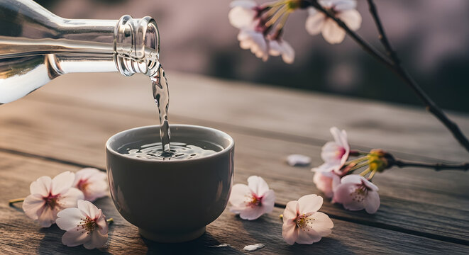 Pouring traditional japanese sake into a ceramic cup with cherry blossoms, spring.