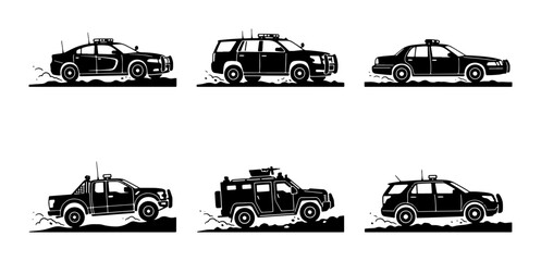 Police Cars, SUVs, Trucks, Armored Vehicles: Law Enforcement Fleet Vector Icons © Anik