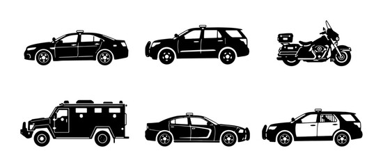 Police Vehicle Icons: Law Enforcement Cars, SUV, Motorcycle, Armored Truck © Anik