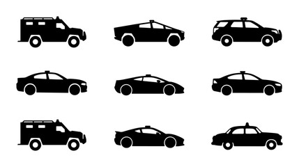 Diverse Vehicle Icons: Police Cars, Sedans, SUVs, Sports Cars, Armored Trucks, Vector Set © Anik