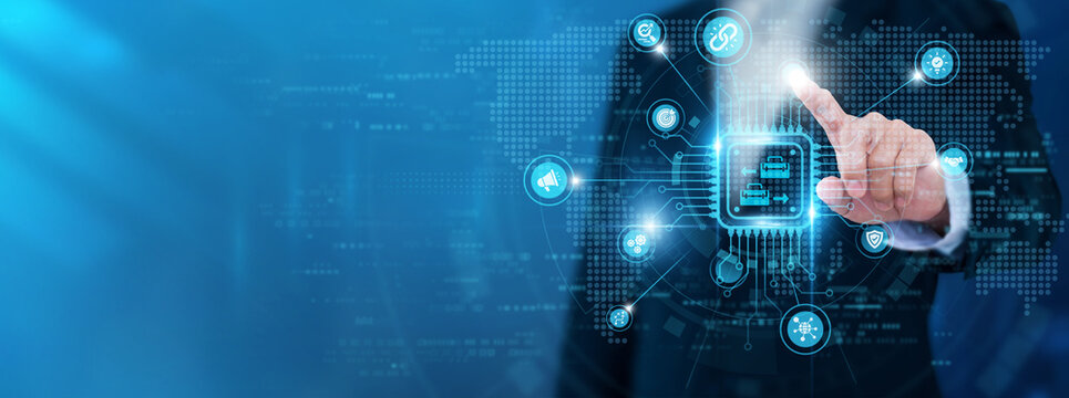 Businessman touching Business-to-Business and networking data. Corporate partnerships, client relations, sales networking, market development, commercial strategy.