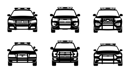 Police Car Icons, Law Enforcement Vehicle Set, Black and White Patrol Car Graphics © Anik