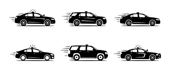 Police Car Icons, Law Enforcement Vehicles, Speeding Sedans and SUVs, Emergency Response Graphics © Anik