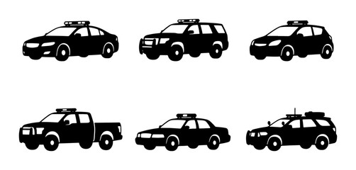 Police Car Icons Set, Law Enforcement Vehicle Silhouettes, Emergency Service Transport Collection © Anik
