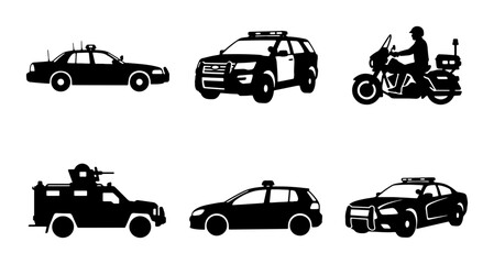 Police Vehicle Icons: Patrol Car, SUV, Motorcycle, Armored Truck, Sedan, Vector Set © Anik