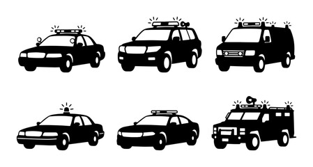 Police Car Icons Set, Law Enforcement Vehicle Silhouettes, Emergency Service Fleet Vector Graphics © Anik