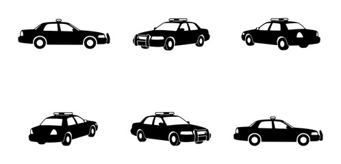 Police Car Icons Set, Law Enforcement Vehicle Graphics, Justice Patrol Car Silhouettes © Anik