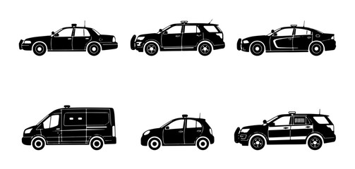 Police Car Icons Set, Law Enforcement Vehicle Collection, Black Silhouette Graphics © Anik