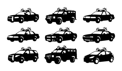 Police Car Icons, Law Enforcement Vehicles, Security Patrol Cars, Emergency Service Fleet Vector Set © Anik