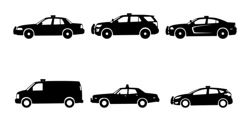 Police Car Icons, Law Enforcement Vehicles, Patrol Cars, Emergency Service Fleet Vector Set © Anik