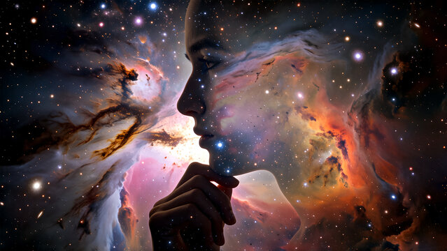 Surreal artistic portrait of a woman merging with the colorful nebula of deep space.