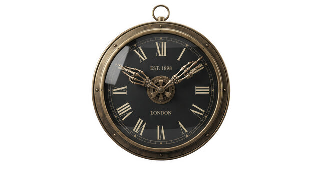 Steampunk victorian antique gold and black metal pocket watch with skeleton hands for telling time and vintage decor illustration.