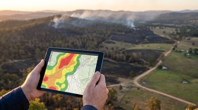Farmer using a tablet to monitor a forest fire and analyze its spread with a heat map overlay on a landscape
